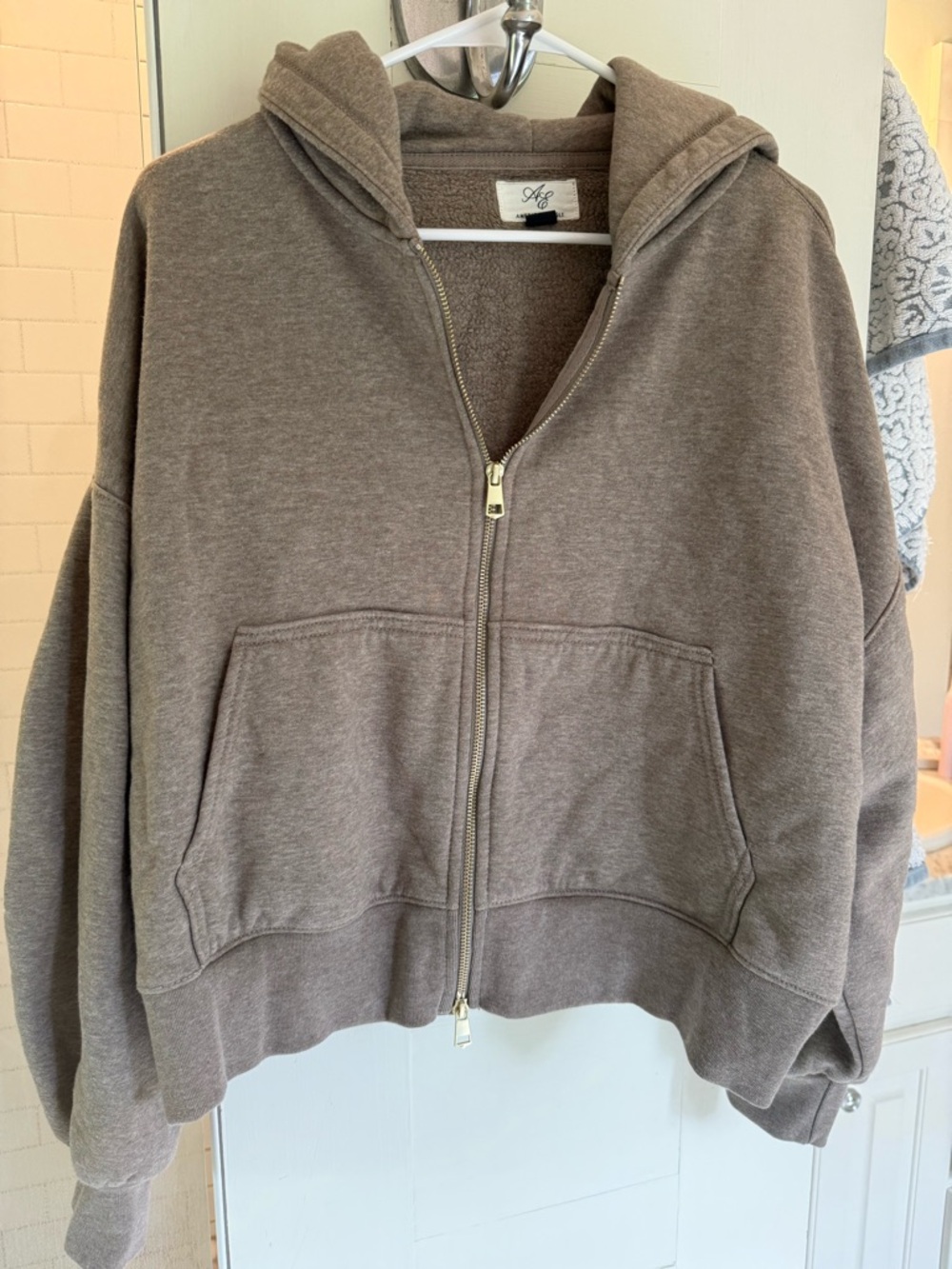 American Eagle Outfitters Taupe Zip-Up Hooded Sweatshirt